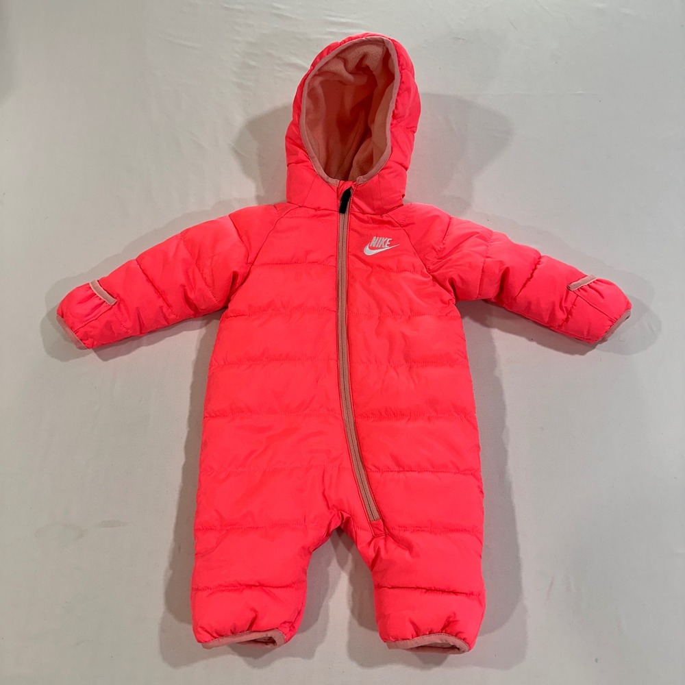 Nike Baby Puffer Snowsuit Girls 3M Pink Hooded Fleece Lined Bunting One Piece